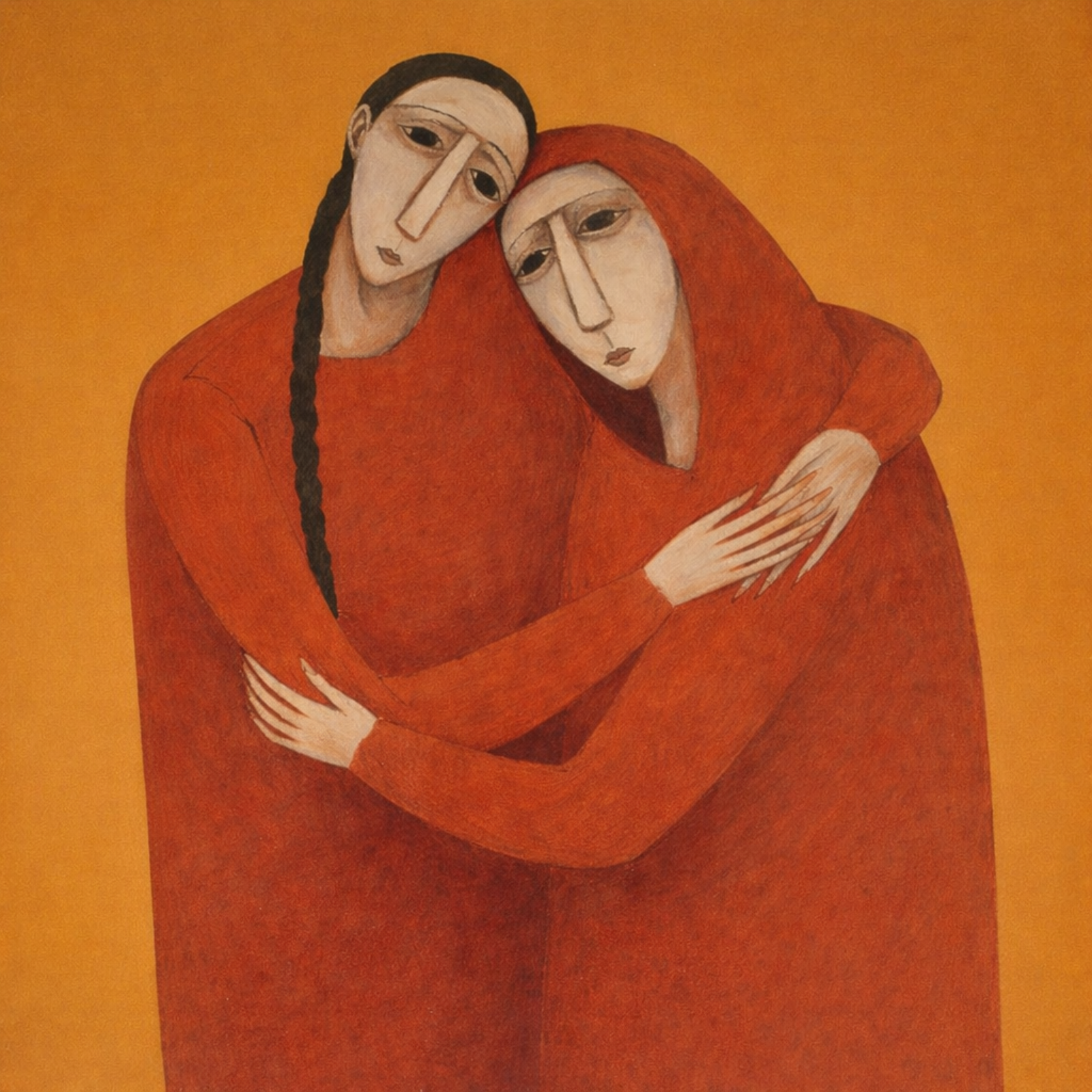 A modern figurative painting featuring two women with long faces and stylized features, wearing red garments and embracing against an orange background.