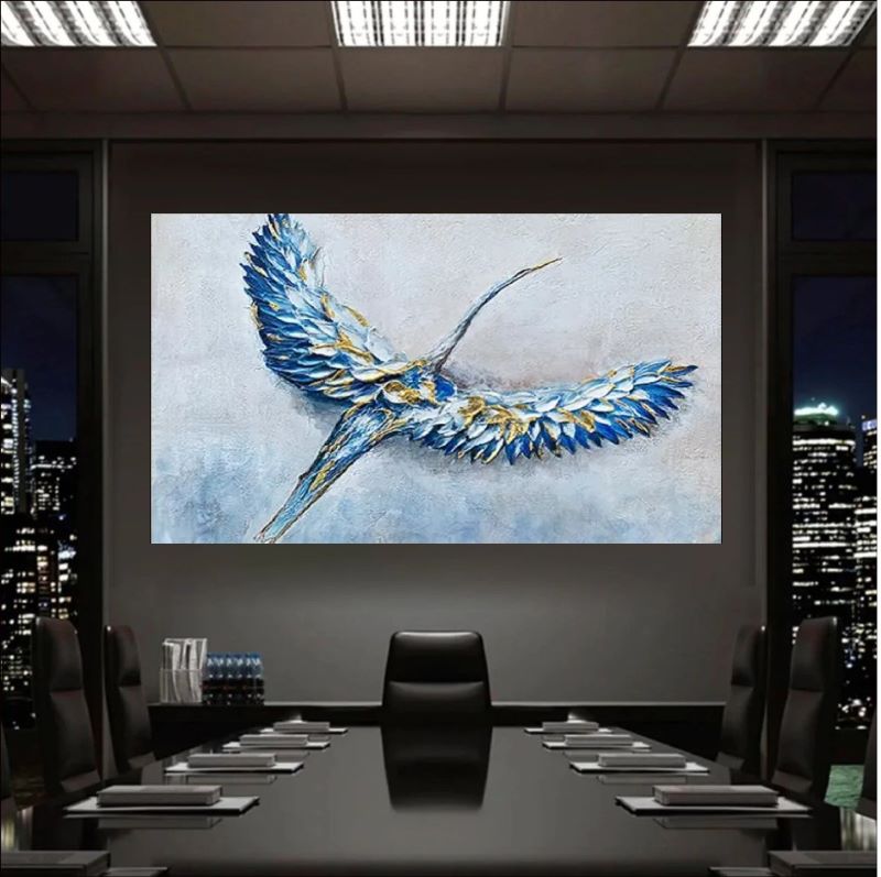 Textured oil painting of a majestic blue and white crane bird in flight with gold leaf accents on its wings, elegant wildlife wall art.