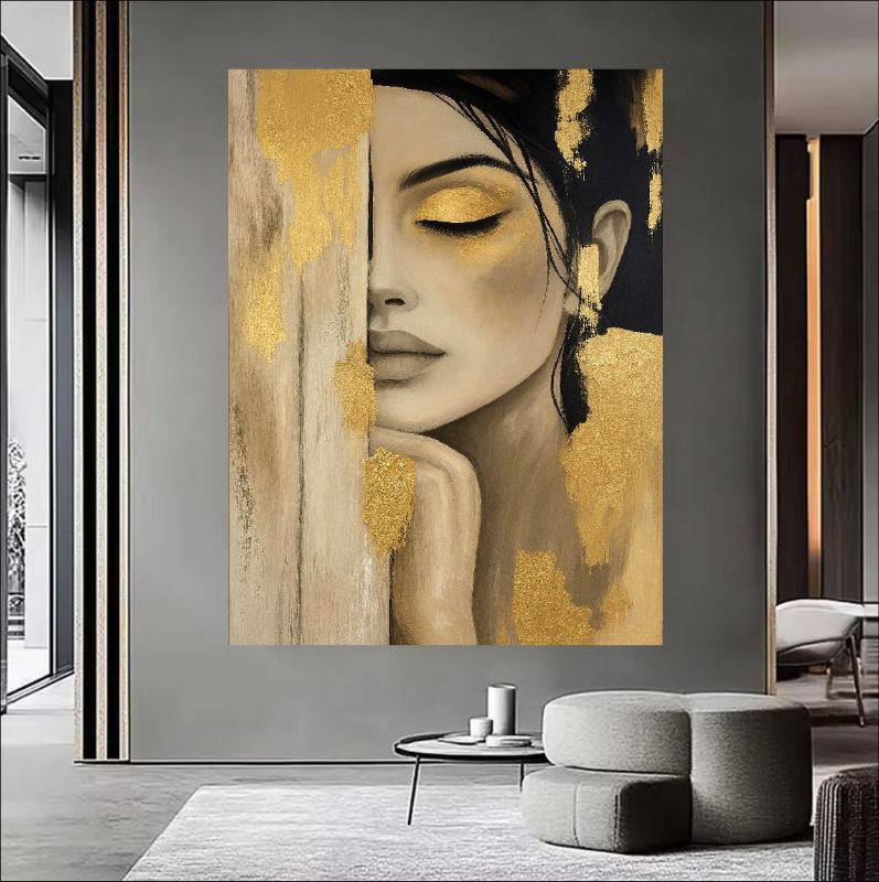 Modern female portrait painting featuring gold leaf textures and a serene woman with closed eyes, luxury wall decor style.
