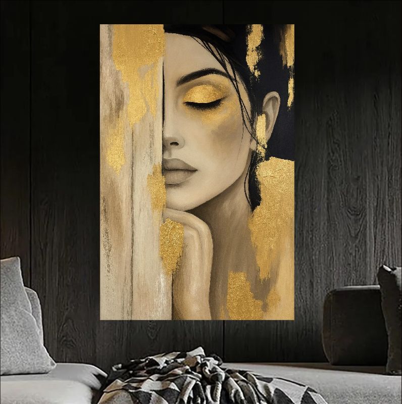 Modern female portrait painting featuring gold leaf textures and a serene woman with closed eyes, luxury wall decor style.