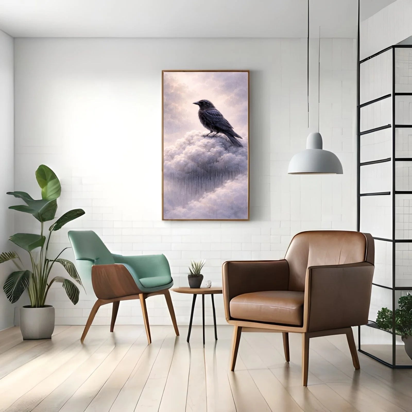 A majestic black raven perched on a soft, white cloud against a dreamlike, hazy sky, painted in an elegant realistic style with atmospheric depth.