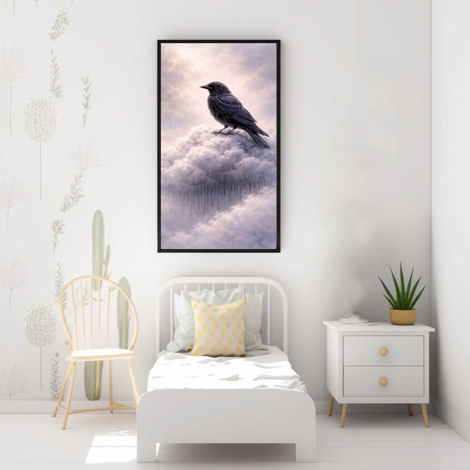 A majestic black raven perched on a soft, white cloud against a dreamlike, hazy sky, painted in an elegant realistic style with atmospheric depth.