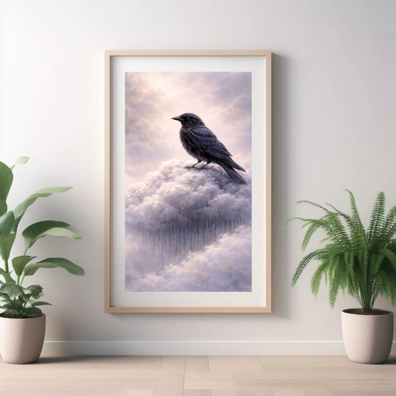 A majestic black raven perched on a soft, white cloud against a dreamlike, hazy sky, painted in an elegant realistic style with atmospheric depth.
