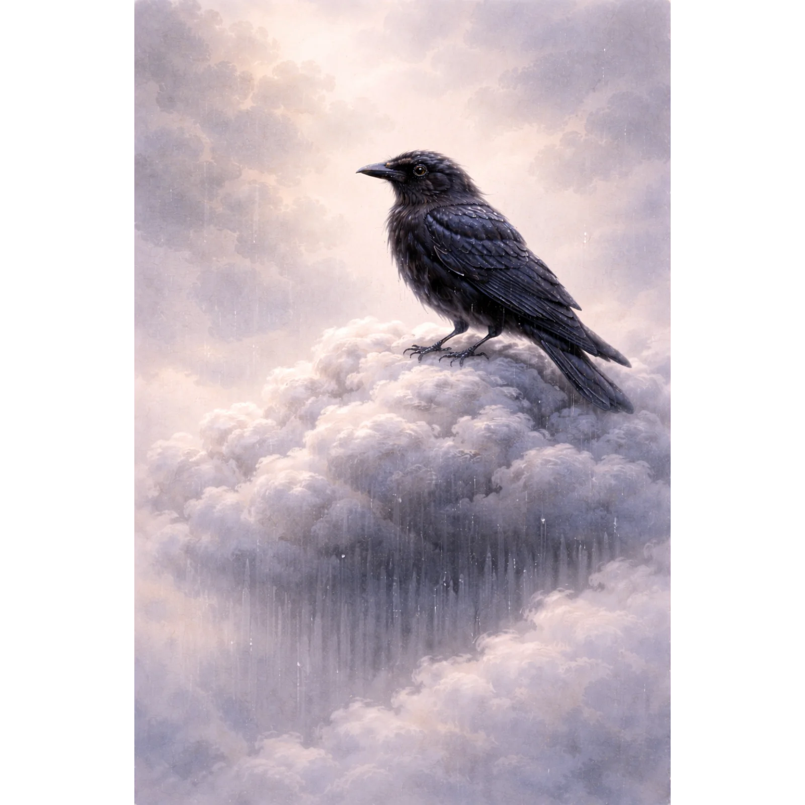 A majestic black raven perched on a soft, white cloud against a dreamlike, hazy sky, painted in an elegant realistic style with atmospheric depth.
