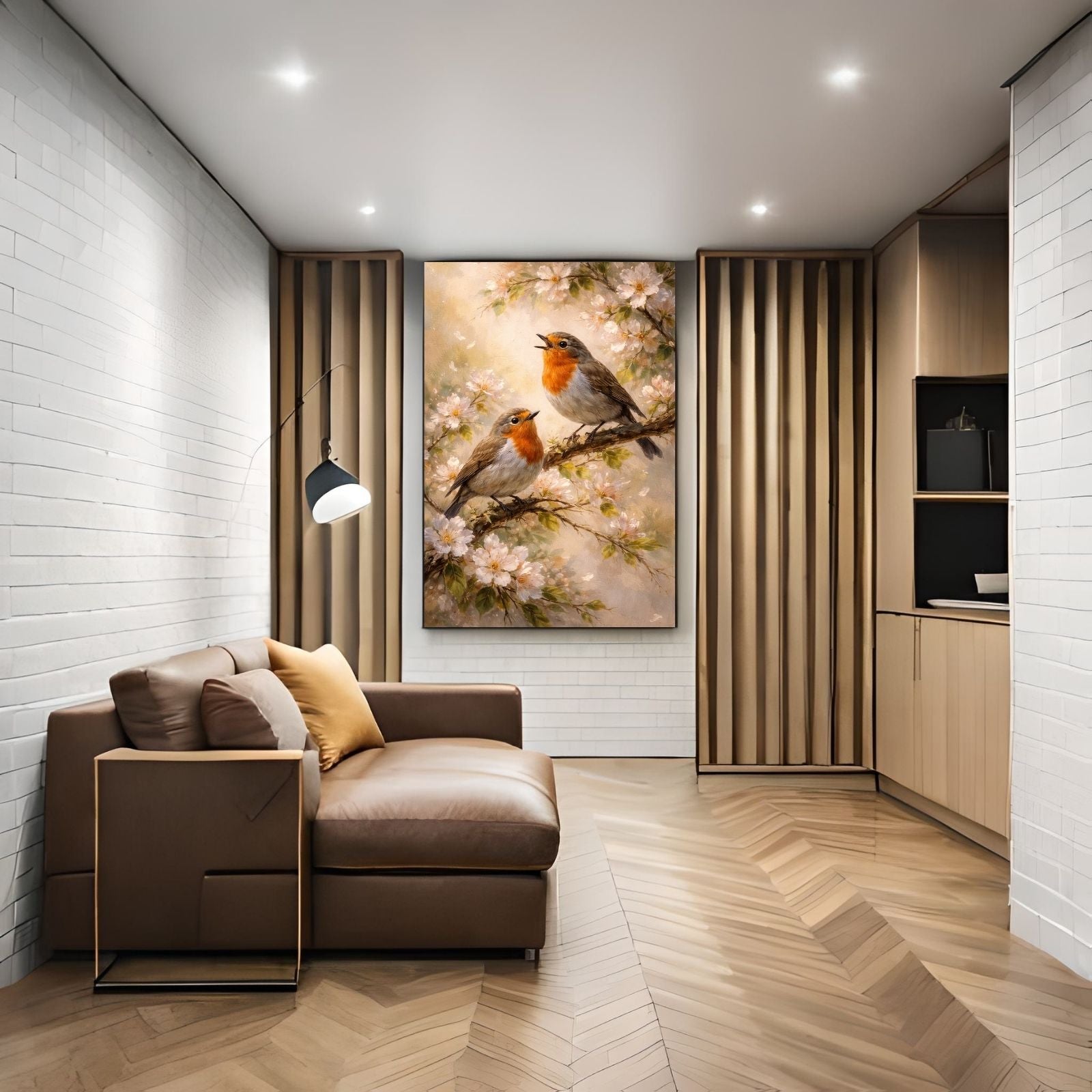 A beautiful wildlife painting featuring two European Robins with orange breasts perched on branches filled with white apple blossoms in soft spring light.