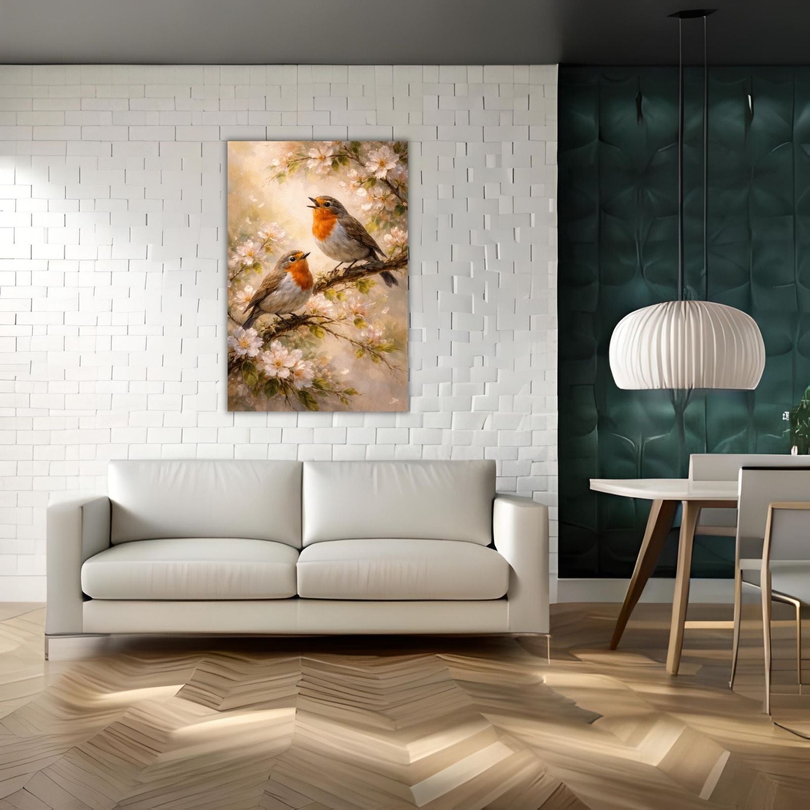 A beautiful wildlife painting featuring two European Robins with orange breasts perched on branches filled with white apple blossoms in soft spring light.