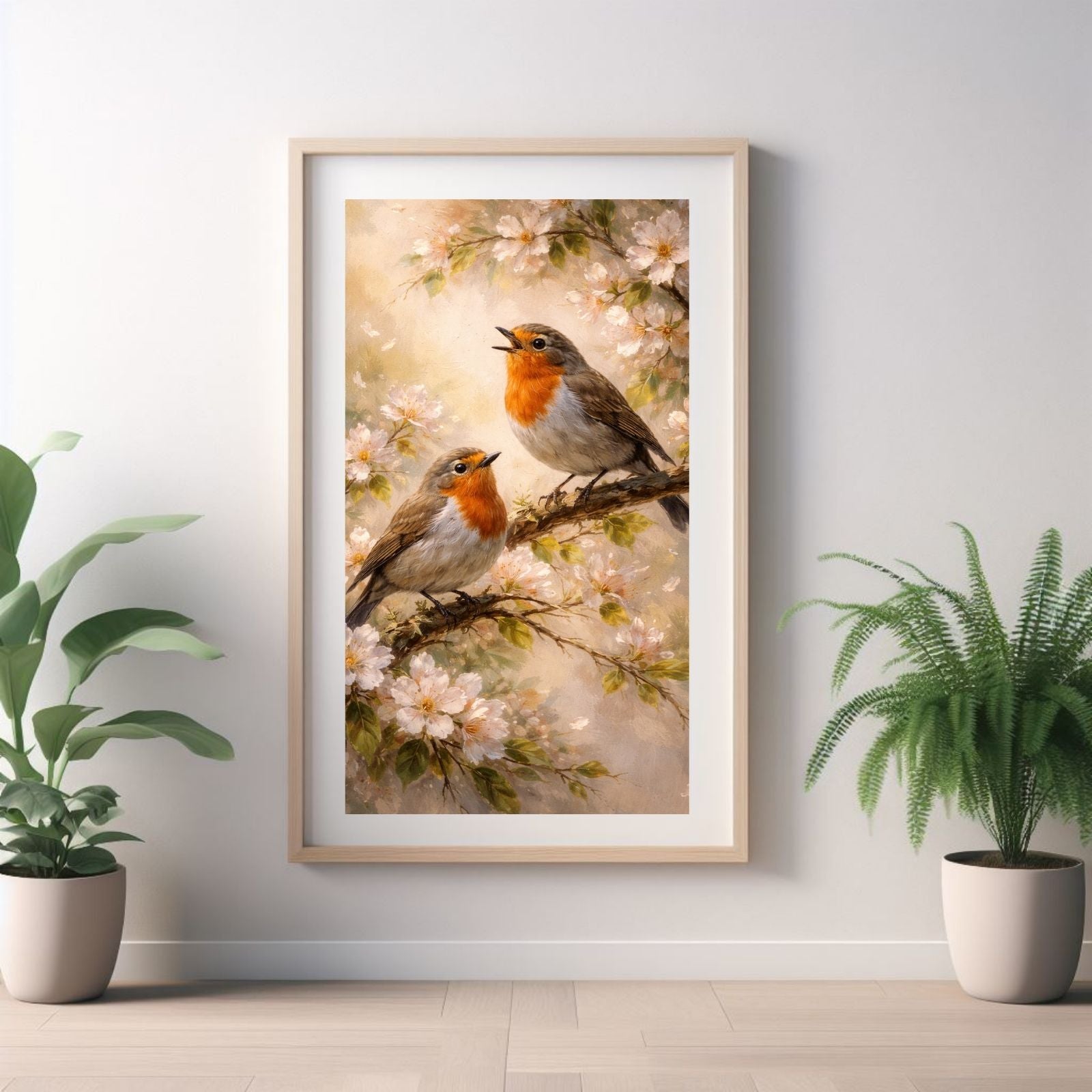 A beautiful wildlife painting featuring two European Robins with orange breasts perched on branches filled with white apple blossoms in soft spring light.