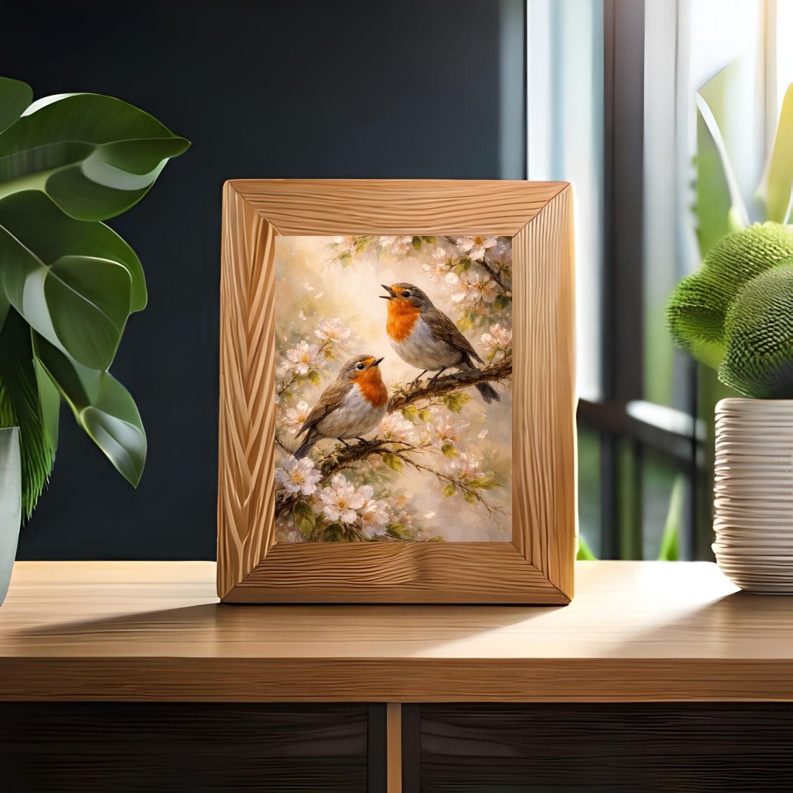A beautiful wildlife painting featuring two European Robins with orange breasts perched on branches filled with white apple blossoms in soft spring light.