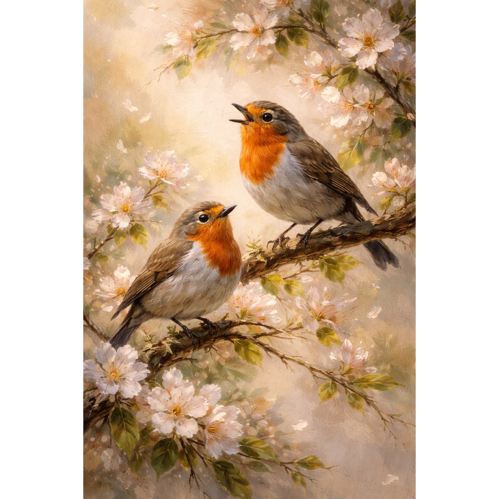 A beautiful wildlife painting featuring two European Robins with orange breasts perched on branches filled with white apple blossoms in soft spring light.