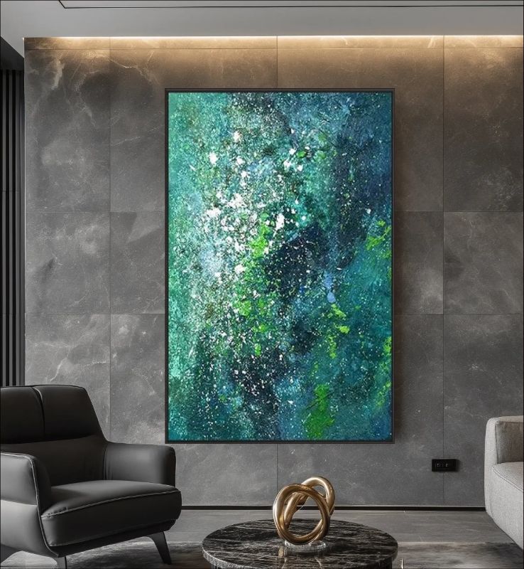 "Stardust Grove" featuring a blend of celestial and earthy green tones with shimmering accents, creating a cosmic and abstract appeal.