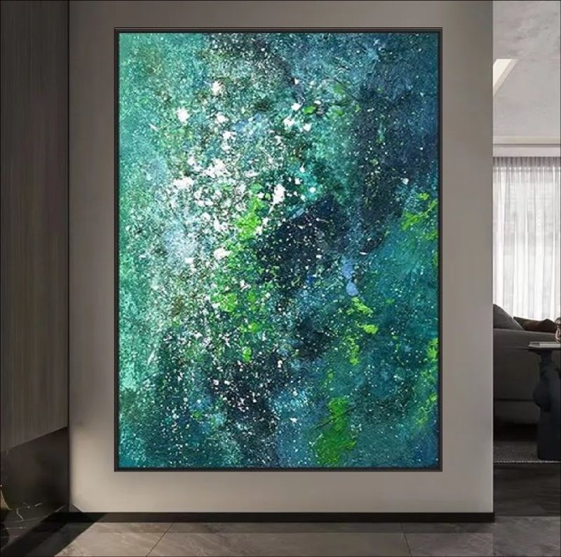 "Stardust Grove" featuring a blend of celestial and earthy green tones with shimmering accents, creating a cosmic and abstract appeal.