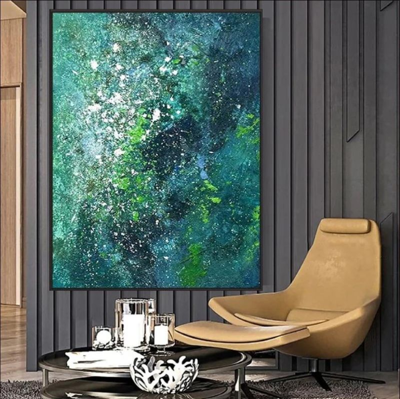 "Stardust Grove" featuring a blend of celestial and earthy green tones with shimmering accents, creating a cosmic and abstract appeal.