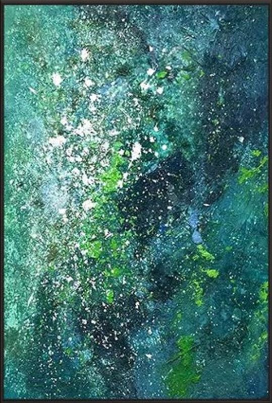 "Stardust Grove" featuring a blend of celestial and earthy green tones with shimmering accents, creating a cosmic and abstract appeal.