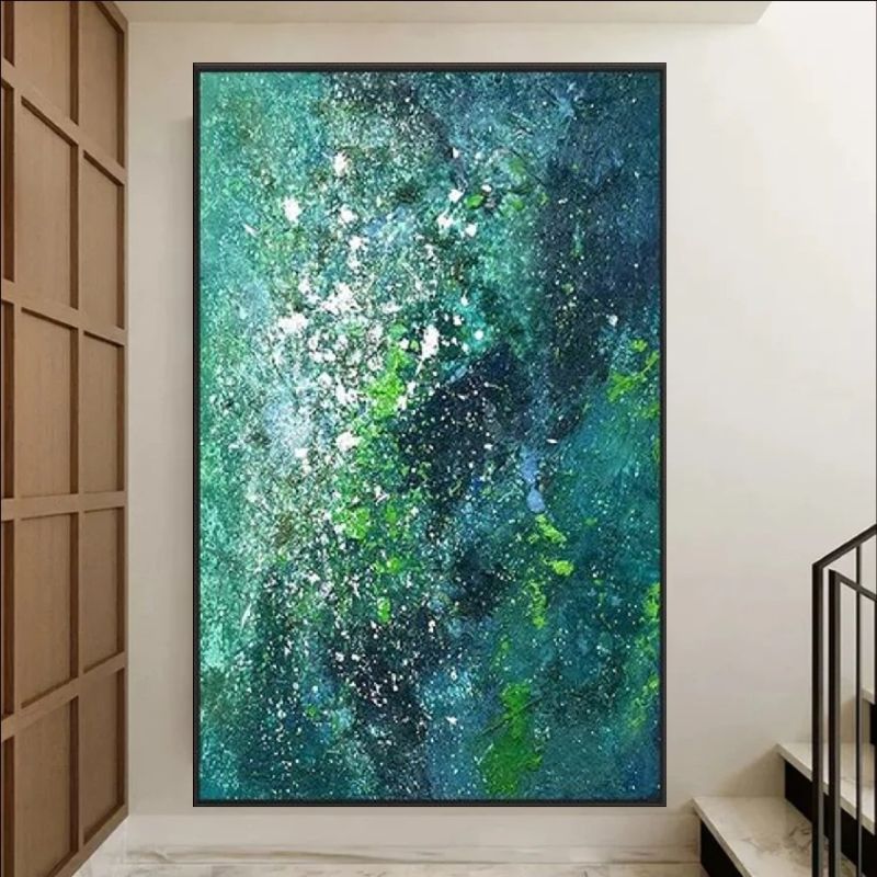 "Stardust Grove" featuring a blend of celestial and earthy green tones with shimmering accents, creating a cosmic and abstract appeal.