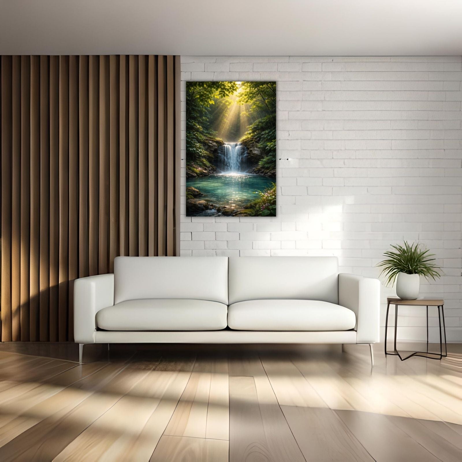 A breathtaking landscape painting of a waterfall flowing into a turquoise pond, with bright sun rays streaming through a lush green forest canopy.