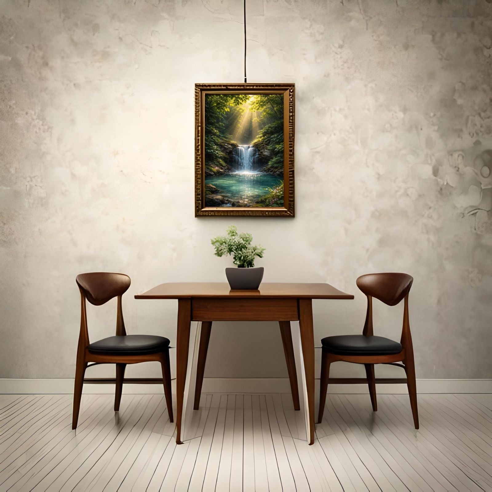 A breathtaking landscape painting of a waterfall flowing into a turquoise pond, with bright sun rays streaming through a lush green forest canopy.