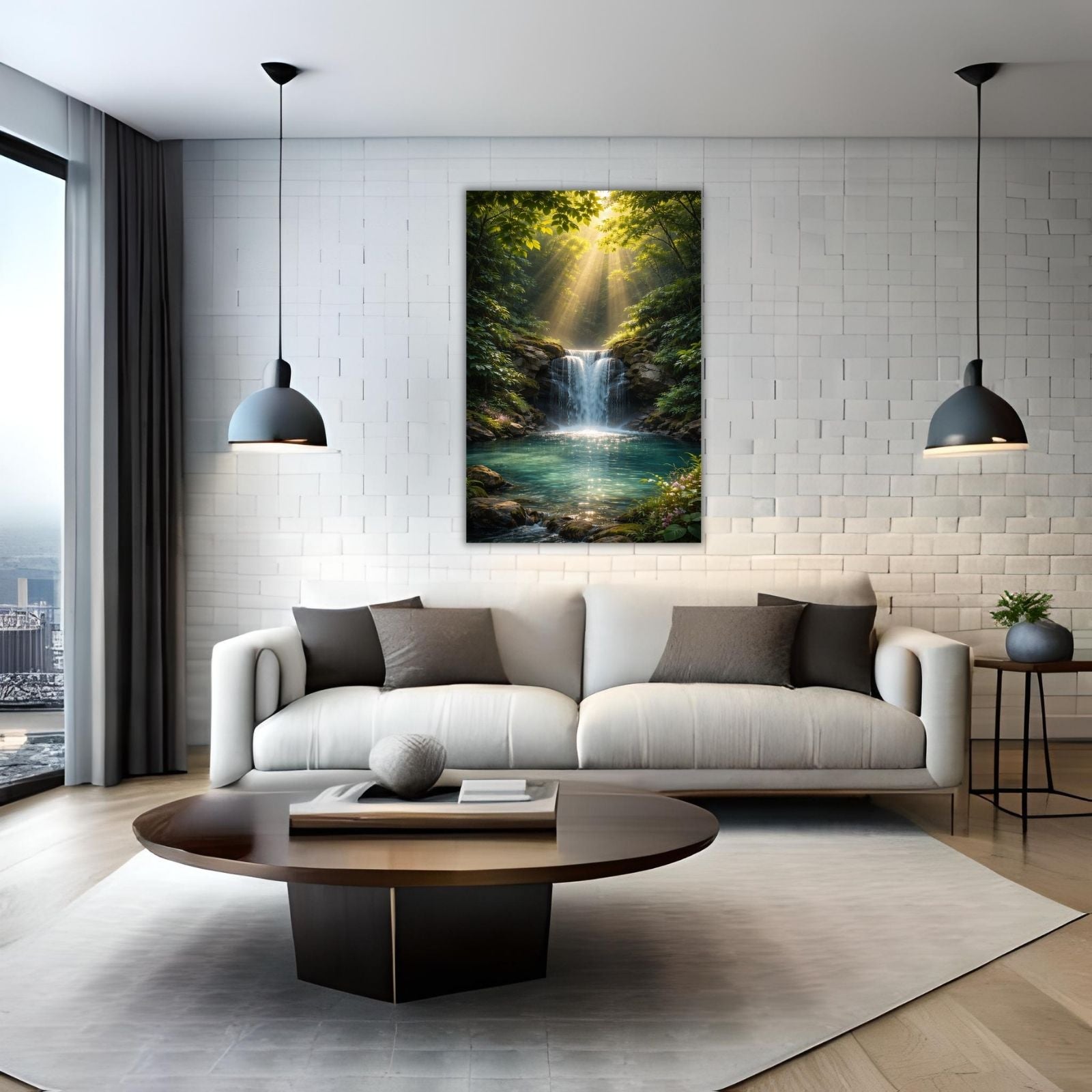 A breathtaking landscape painting of a waterfall flowing into a turquoise pond, with bright sun rays streaming through a lush green forest canopy.