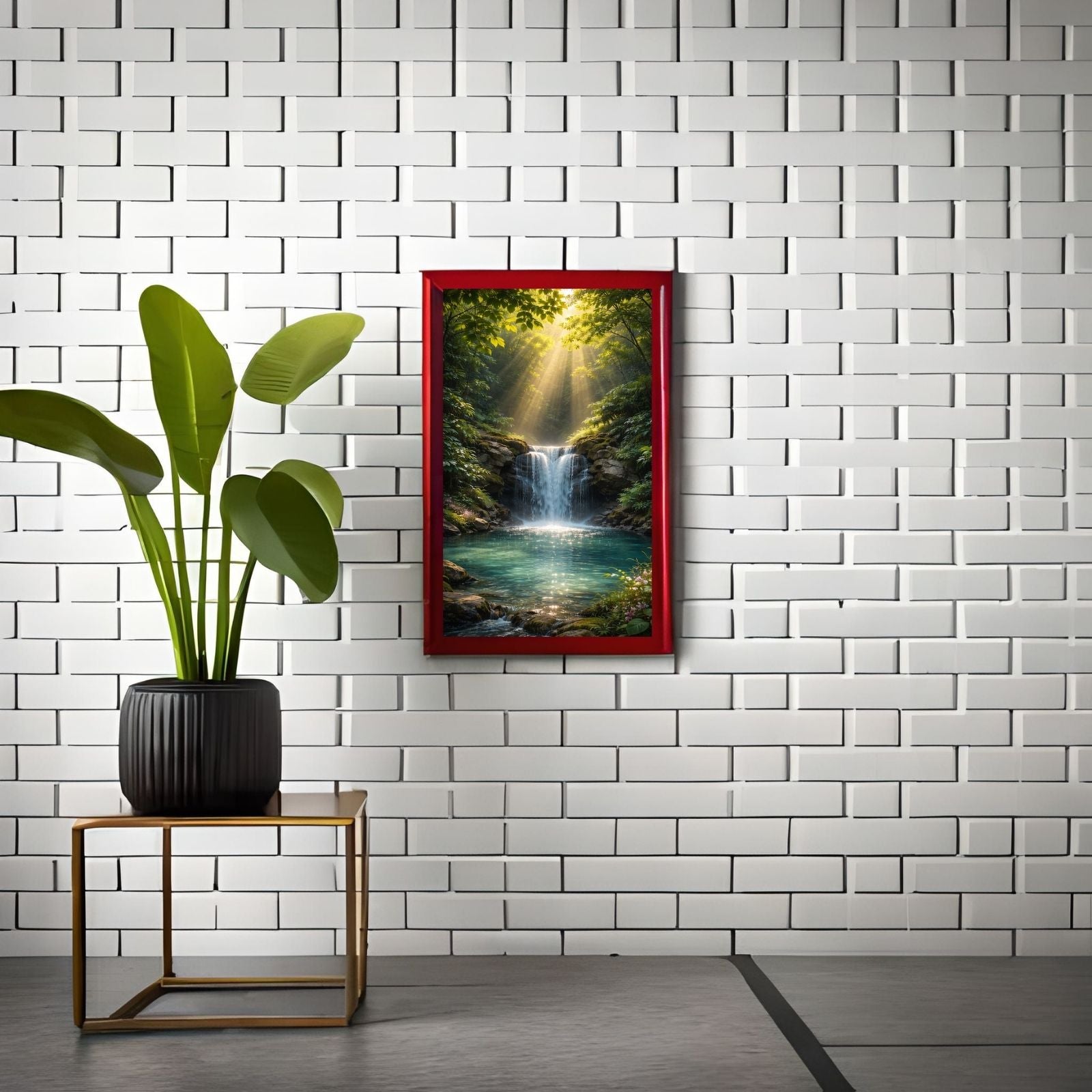 A breathtaking landscape painting of a waterfall flowing into a turquoise pond, with bright sun rays streaming through a lush green forest canopy.