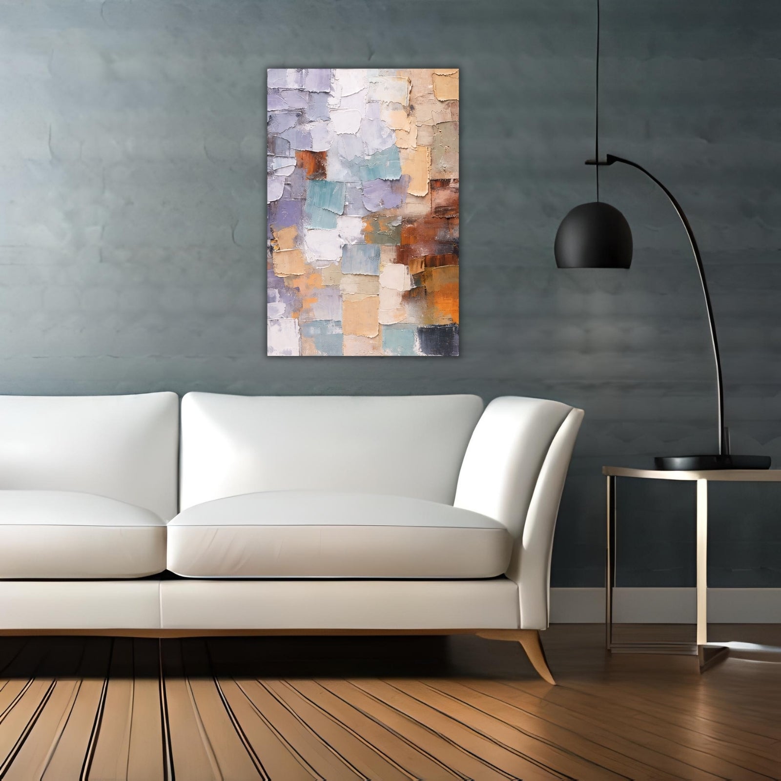 Abstract mosaic painting featuring large rectangular palette knife strokes in neutral tones of lavender, terracotta, beige, and muted blue with heavy texture.