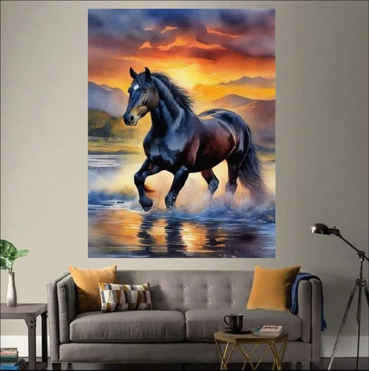 Sunlit Grace - Black Horse Galloping Through Water Canvas Art