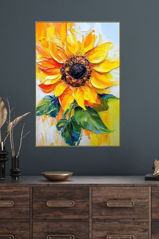 Textured impasto oil painting of a large vibrant yellow sunflower with green leaves, rustic farmhouse wall art style.