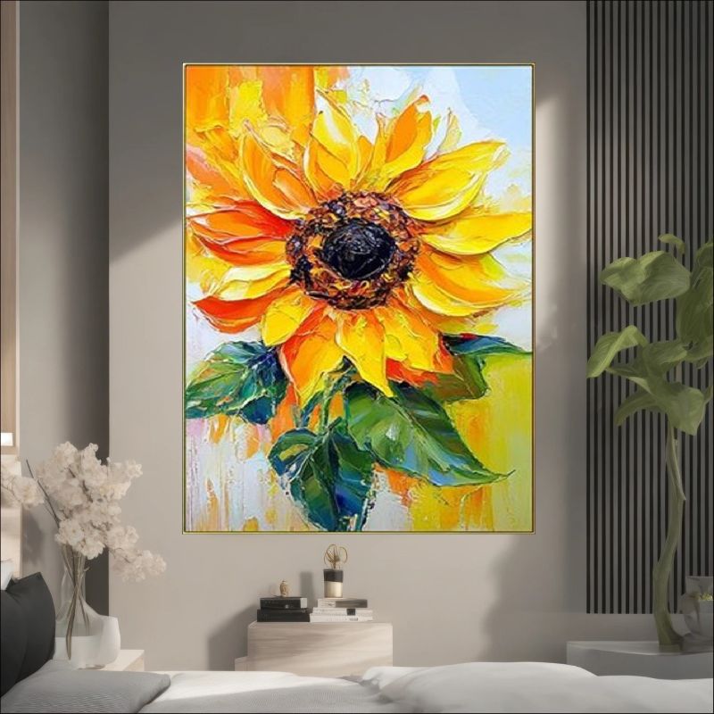 Textured impasto oil painting of a large vibrant yellow sunflower with green leaves, rustic farmhouse wall art style.