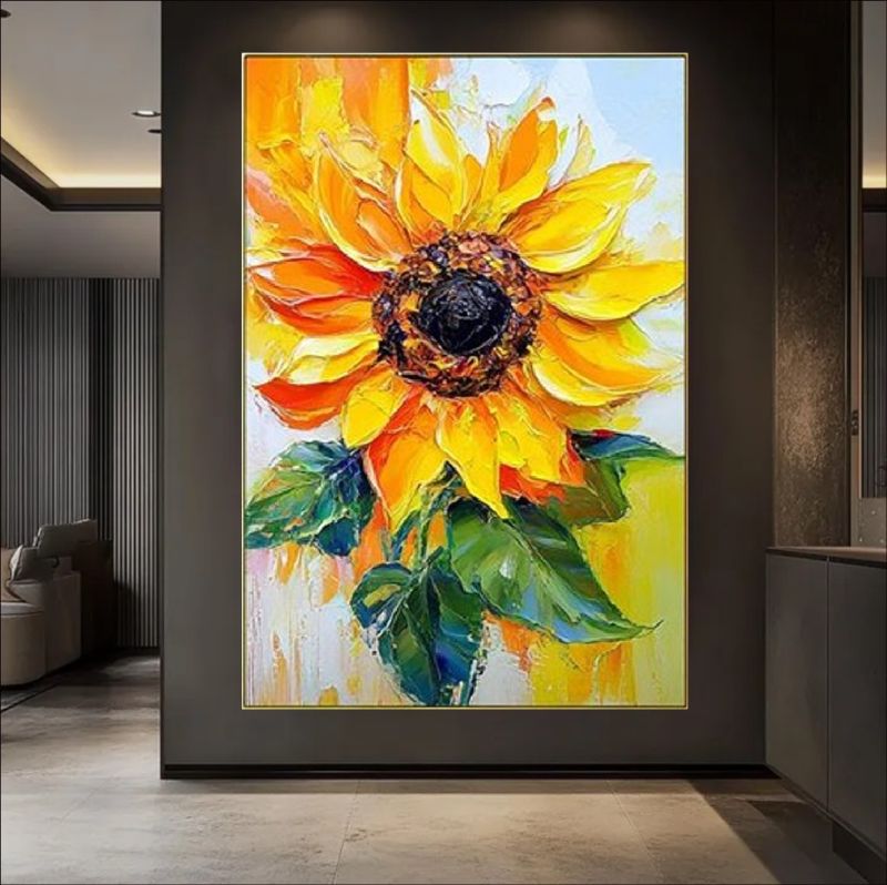 Textured impasto oil painting of a large vibrant yellow sunflower with green leaves, rustic farmhouse wall art style.