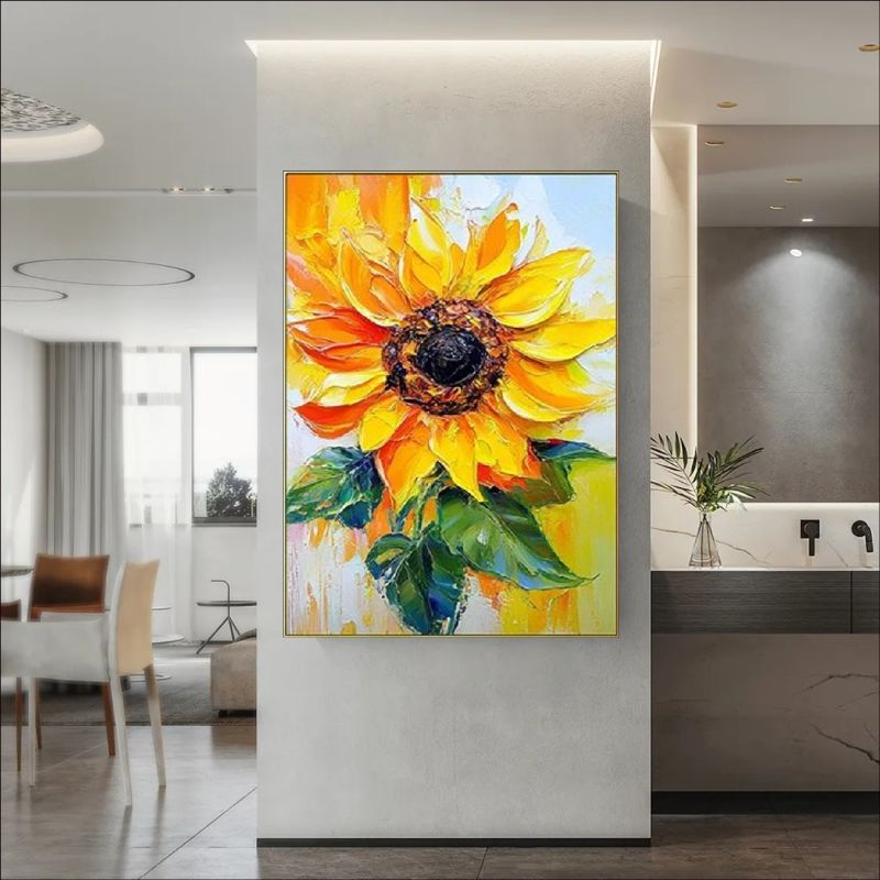 Textured impasto oil painting of a large vibrant yellow sunflower with green leaves, rustic farmhouse wall art style.