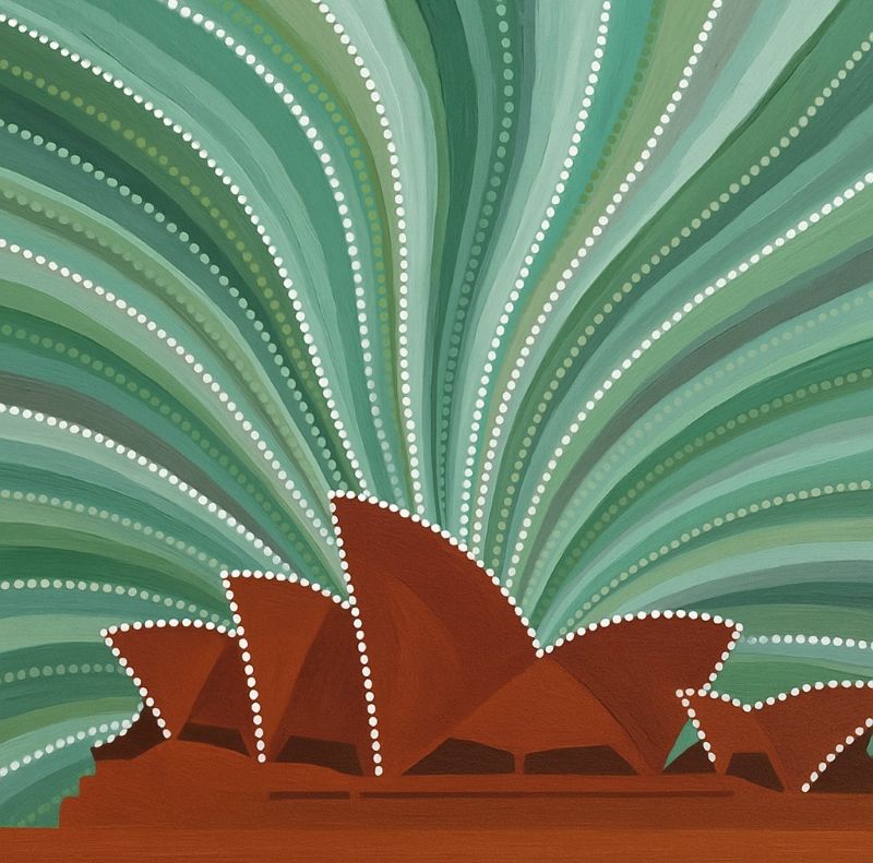 Aboriginal style dot painting of the Sydney Opera House featuring ochre sails outlined in dots against a radiating green and white patterned background.
