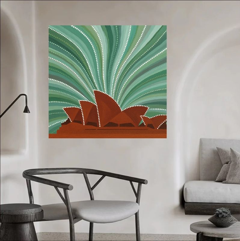 Aboriginal style dot painting of the Sydney Opera House featuring ochre sails outlined in dots against a radiating green and white patterned background.