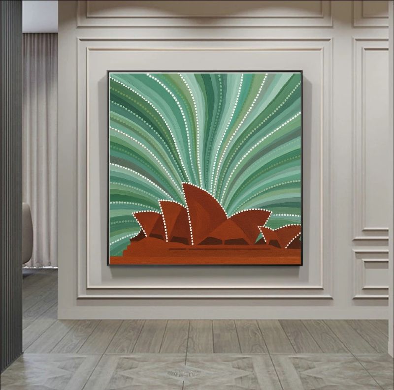 Aboriginal style dot painting of the Sydney Opera House featuring ochre sails outlined in dots against a radiating green and white patterned background.