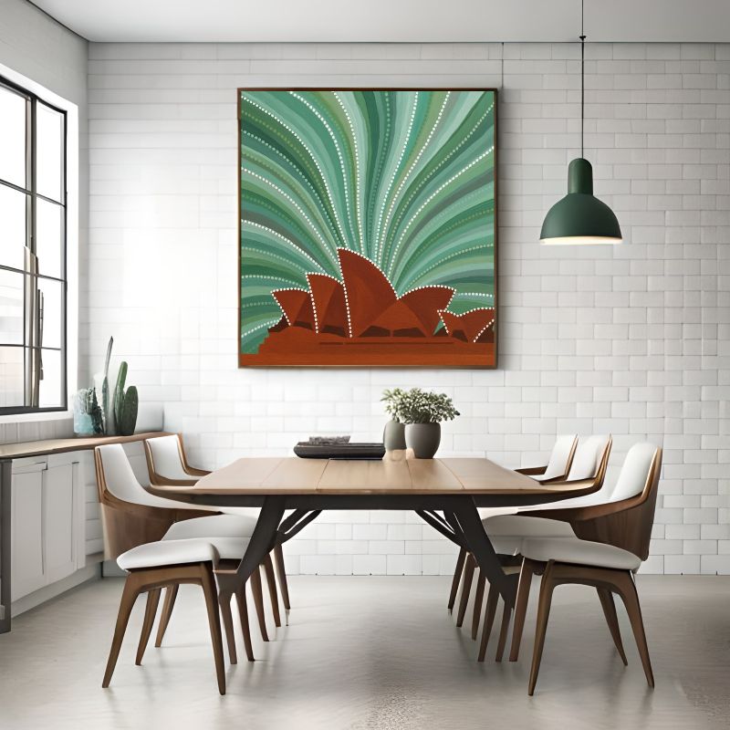 Aboriginal style dot painting of the Sydney Opera House featuring ochre sails outlined in dots against a radiating green and white patterned background.