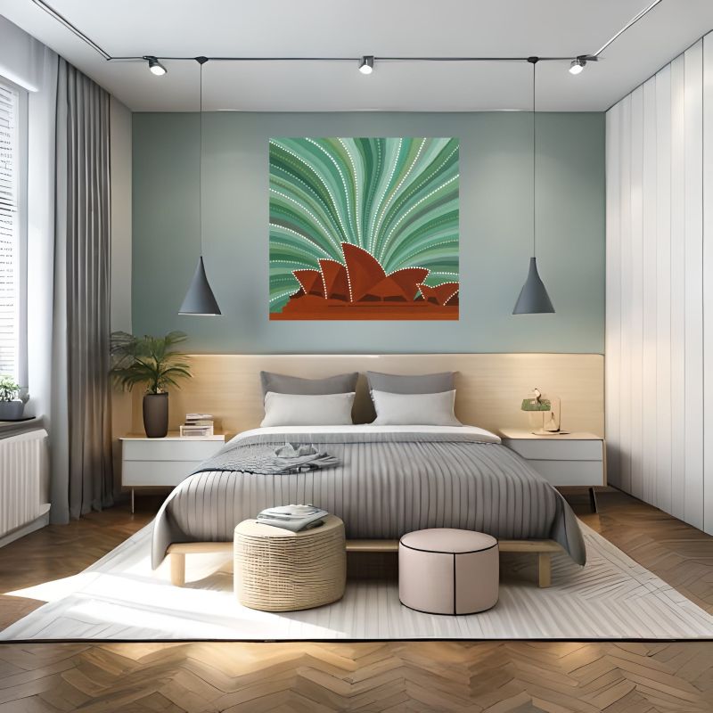 Aboriginal style dot painting of the Sydney Opera House featuring ochre sails outlined in dots against a radiating green and white patterned background.