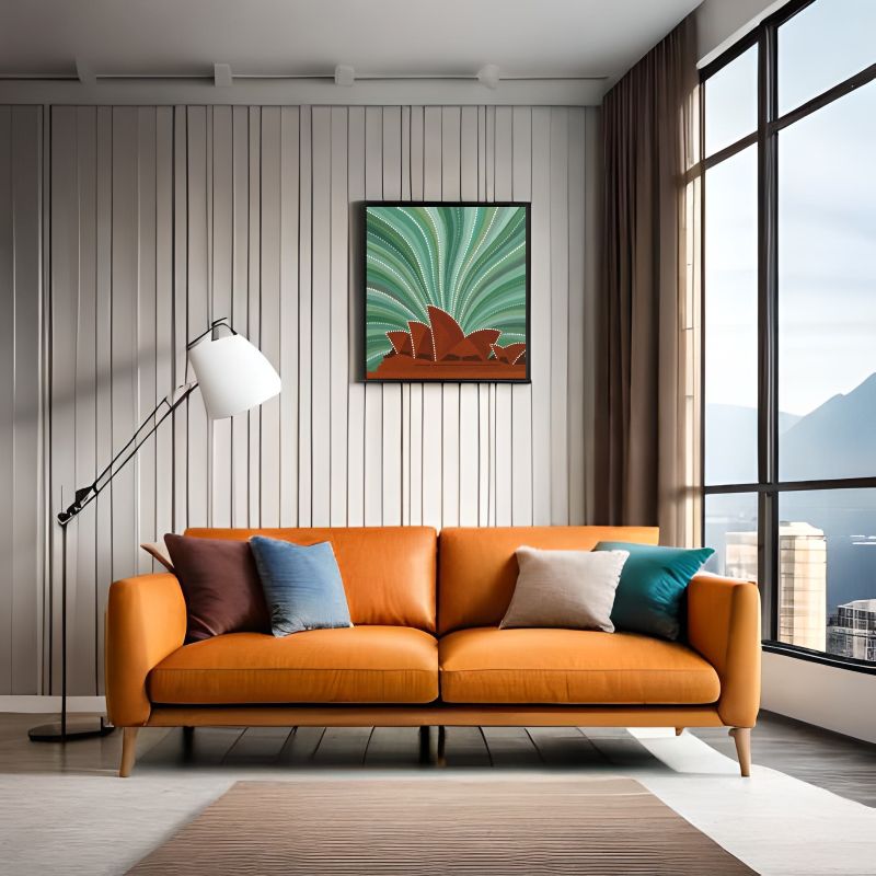 Aboriginal style dot painting of the Sydney Opera House featuring ochre sails outlined in dots against a radiating green and white patterned background.