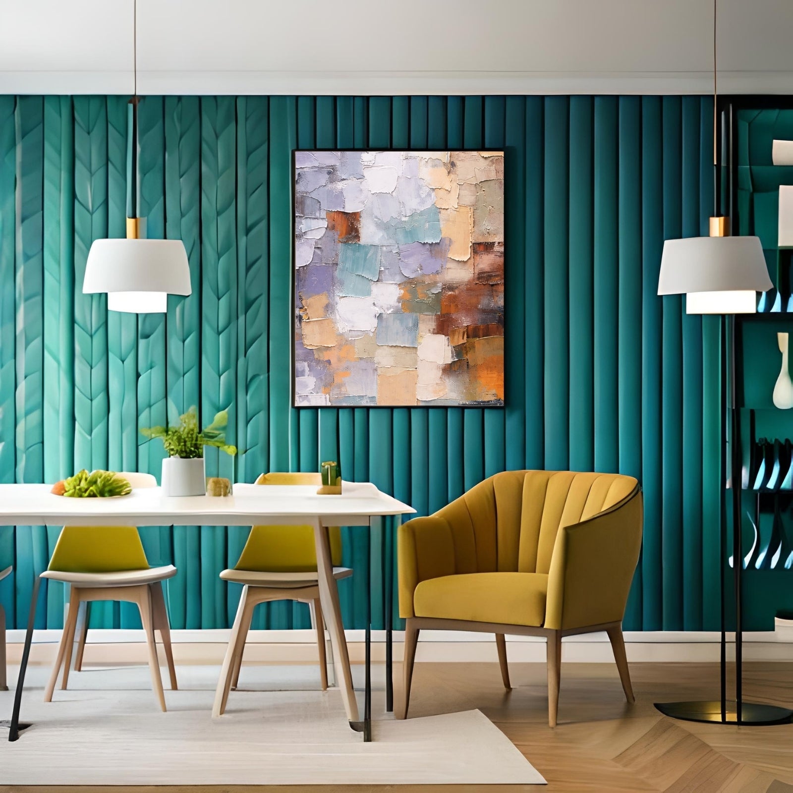 Abstract mosaic painting featuring large rectangular palette knife strokes in neutral tones of lavender, terracotta, beige, and muted blue with heavy texture.