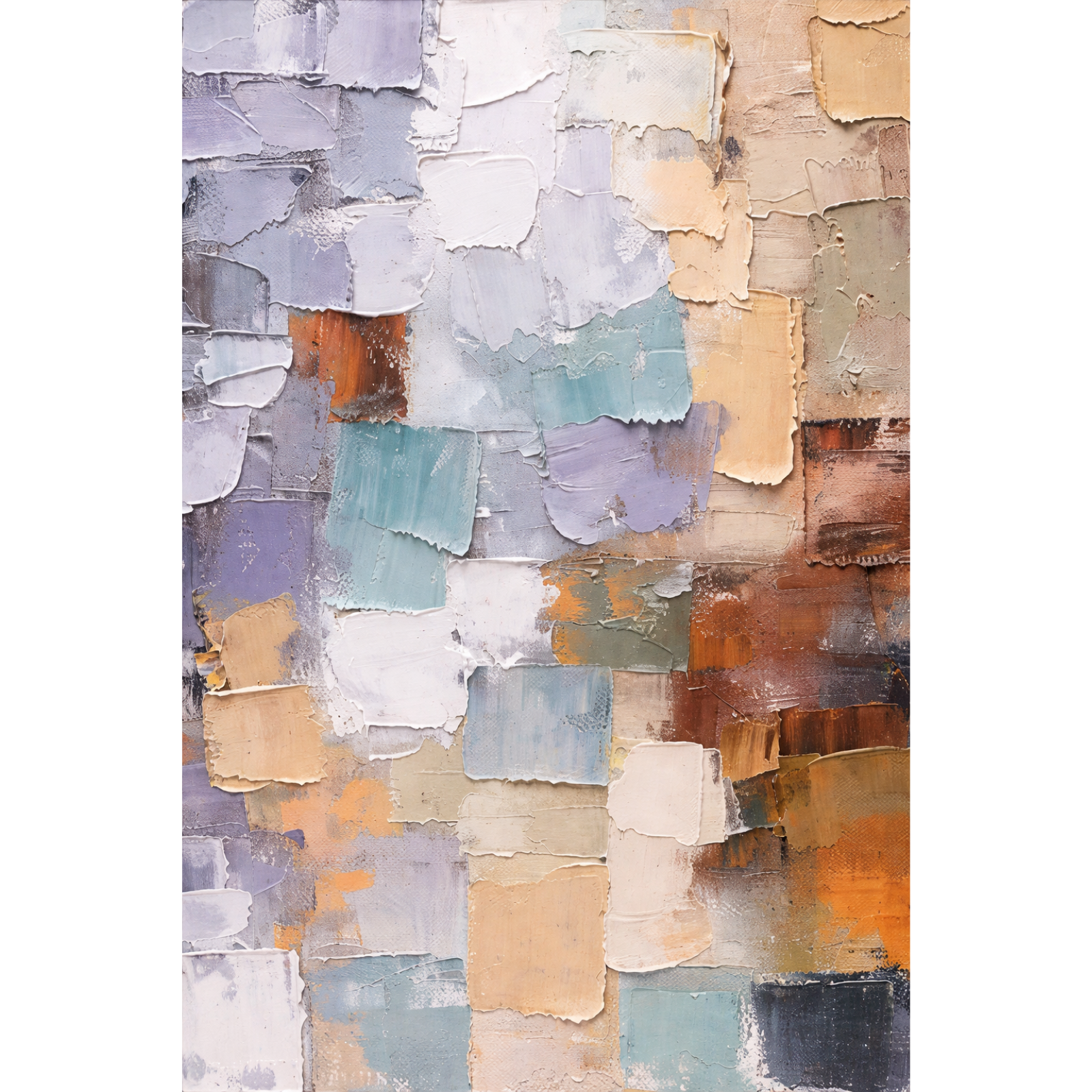 Abstract mosaic painting featuring large rectangular palette knife strokes in neutral tones of lavender, terracotta, beige, and muted blue with heavy texture.