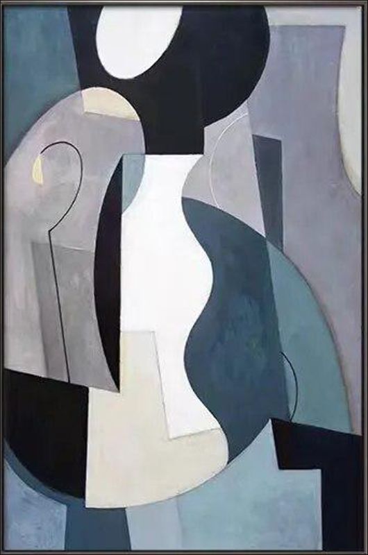 Abstract geometric painting featuring interlocking shapes in slate blue, grey, white, and black, modern cubist wall art style.