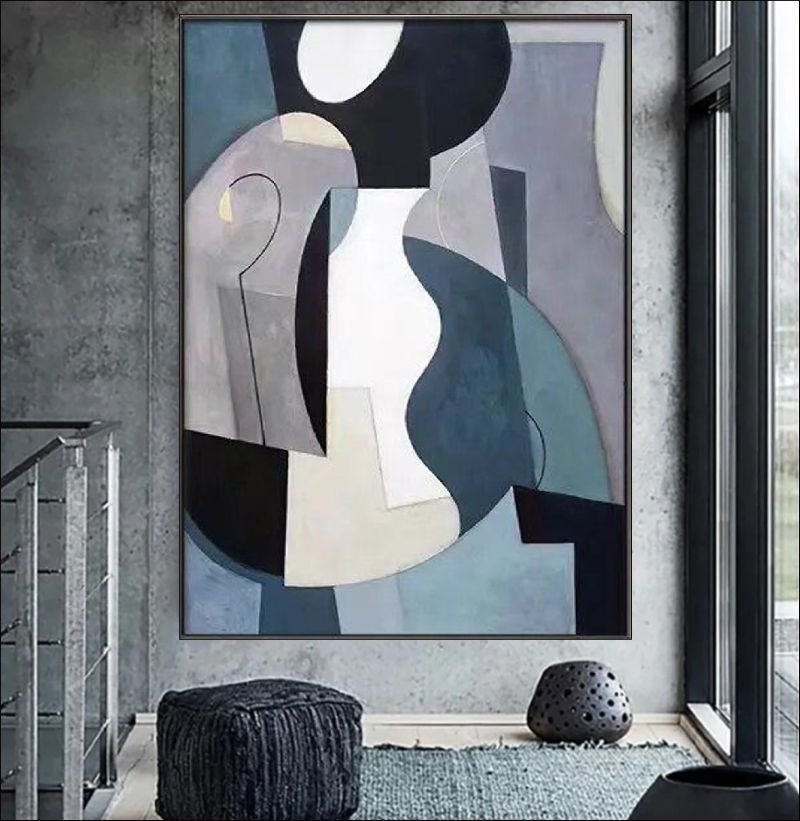 Abstract geometric painting featuring interlocking shapes in slate blue, grey, white, and black, modern cubist wall art style.