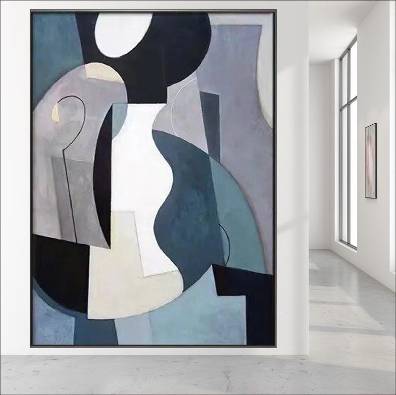Abstract geometric painting featuring interlocking shapes in slate blue, grey, white, and black, modern cubist wall art style.