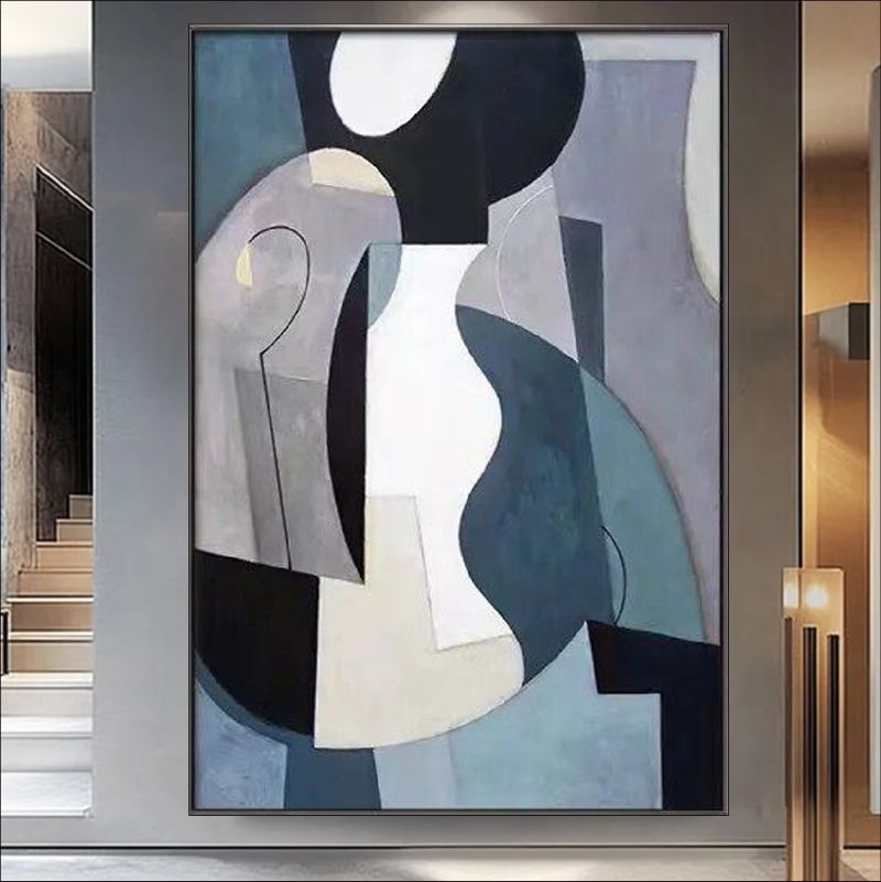 Abstract geometric painting featuring interlocking shapes in slate blue, grey, white, and black, modern cubist wall art style.