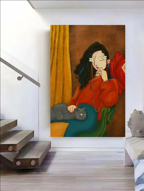 Stylized painting of a woman with floral eyes and a gray cat, ideal for modern figurative wall art and boho home decor.