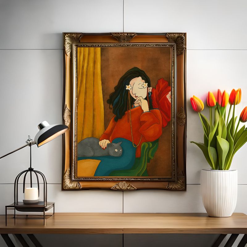 Modern figurative painting The Girl Who Saw Flowers featuring a woman with floral eyes and a grey cat on a green armchair, bohemian wall decor style.