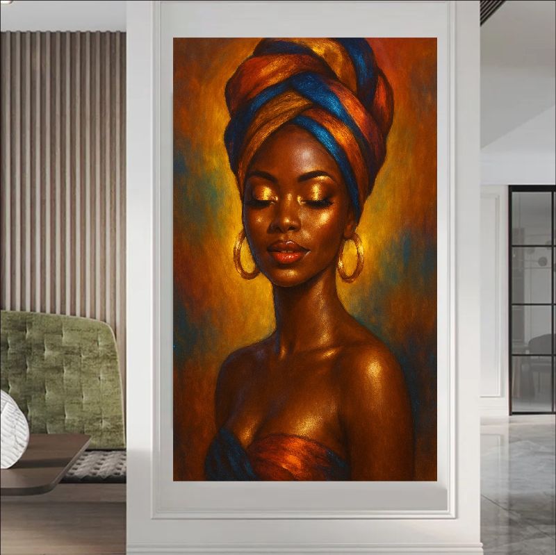 Realistic oil painting portrait of an African woman wearing a colorful blue and orange headwrap and gold hoop earrings, glowing skin, serene expression.