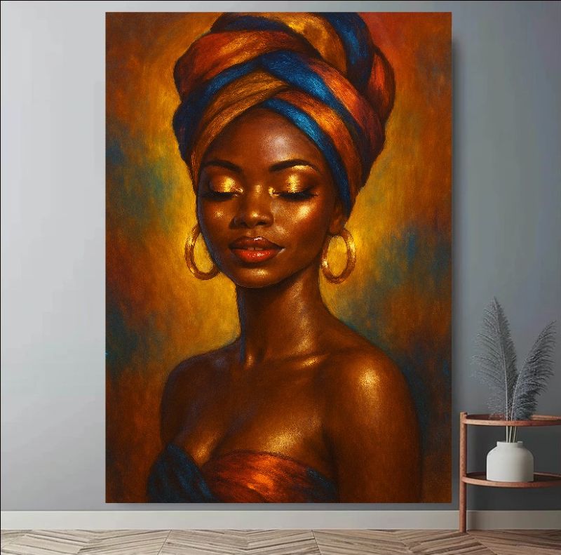 Realistic oil painting portrait of an African woman wearing a colorful blue and orange headwrap and gold hoop earrings, glowing skin, serene expression.