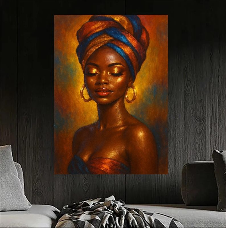 Realistic oil painting portrait of an African woman wearing a colorful blue and orange headwrap and gold hoop earrings, glowing skin, serene expression.