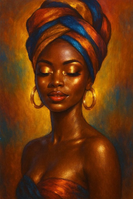 Realistic oil painting portrait of an African woman wearing a colorful blue and orange headwrap and gold hoop earrings, glowing skin, serene expression.