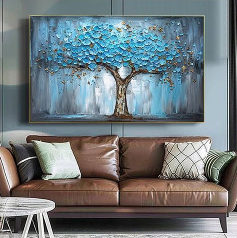 Textured oil painting of a majestic tree with vibrant blue and turquoise leaves and a gold-accented trunk against a misty grey background, modern office wall art.