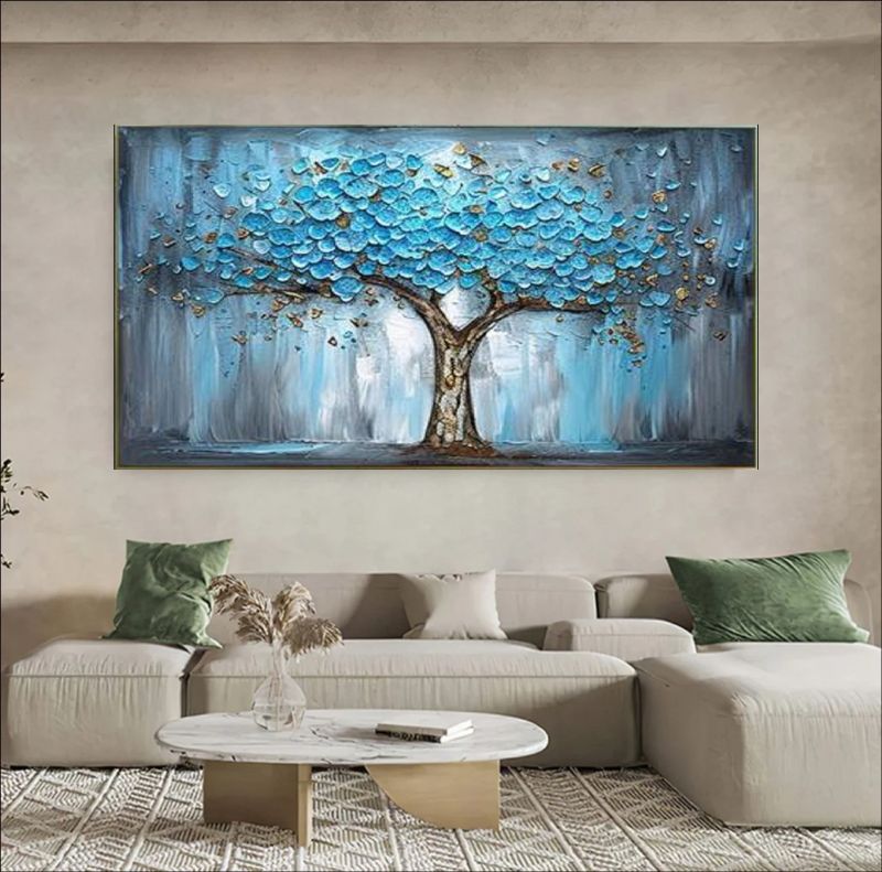 Textured oil painting of a majestic tree with vibrant blue and turquoise leaves and a gold-accented trunk against a misty grey background, modern office wall art.