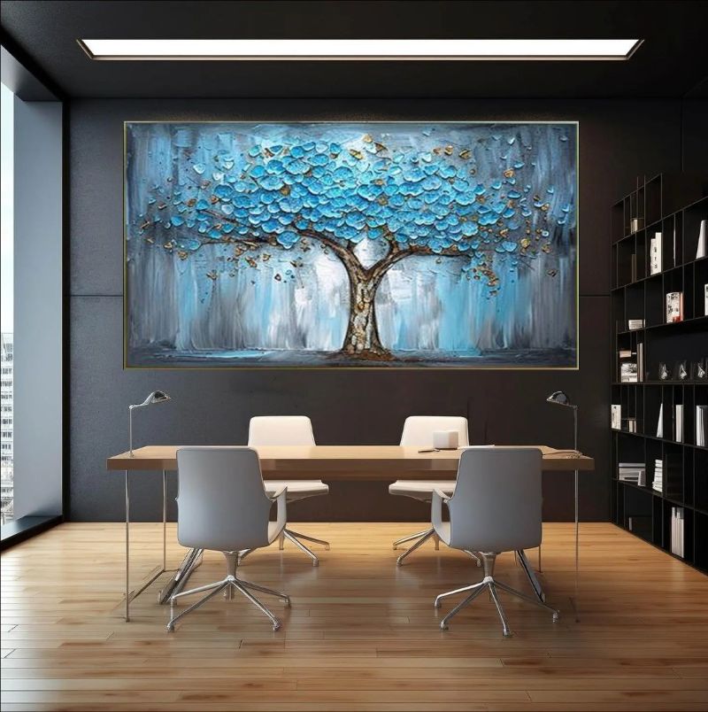 Textured oil painting of a majestic tree with vibrant blue and turquoise leaves and a gold-accented trunk against a misty grey background, modern office wall art.
