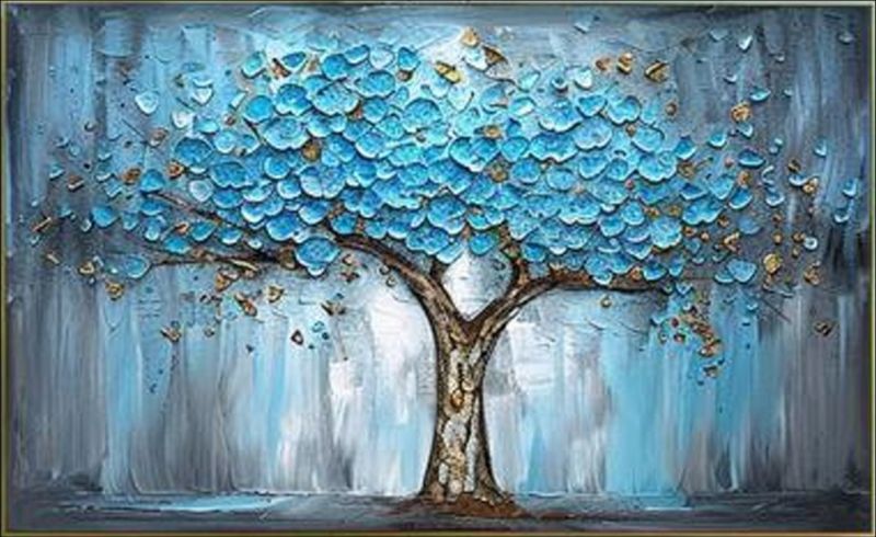 Textured oil painting of a majestic tree with vibrant blue and turquoise leaves and a gold-accented trunk against a misty grey background, modern office wall art.